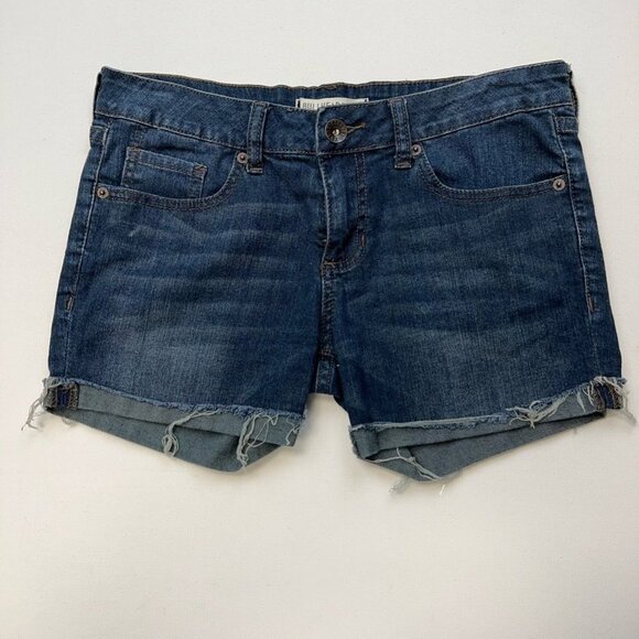 Bullhead Womens Jean Shorts Blue Stretch Cuffed Whiskered Frayed Zip Low Rise 5 - Picture 1 of 10